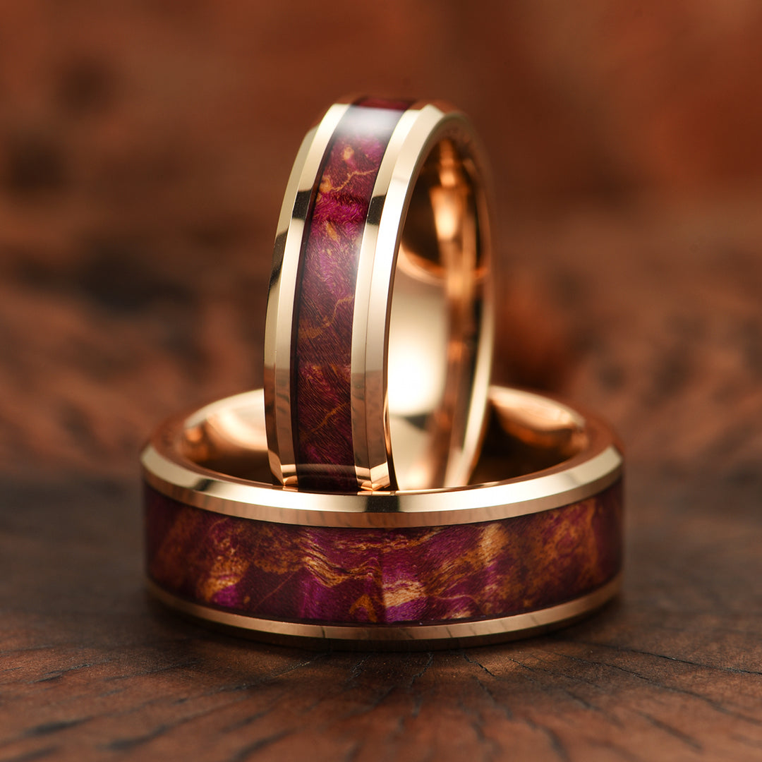 Purple Haze Ring - Rose Tungsten Box Elder Wood Men's Wedding Band 6MM