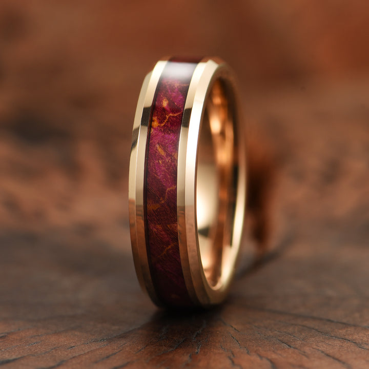 Purple Haze Ring - Rose Tungsten Box Elder Wood Men's Wedding Band 6MM