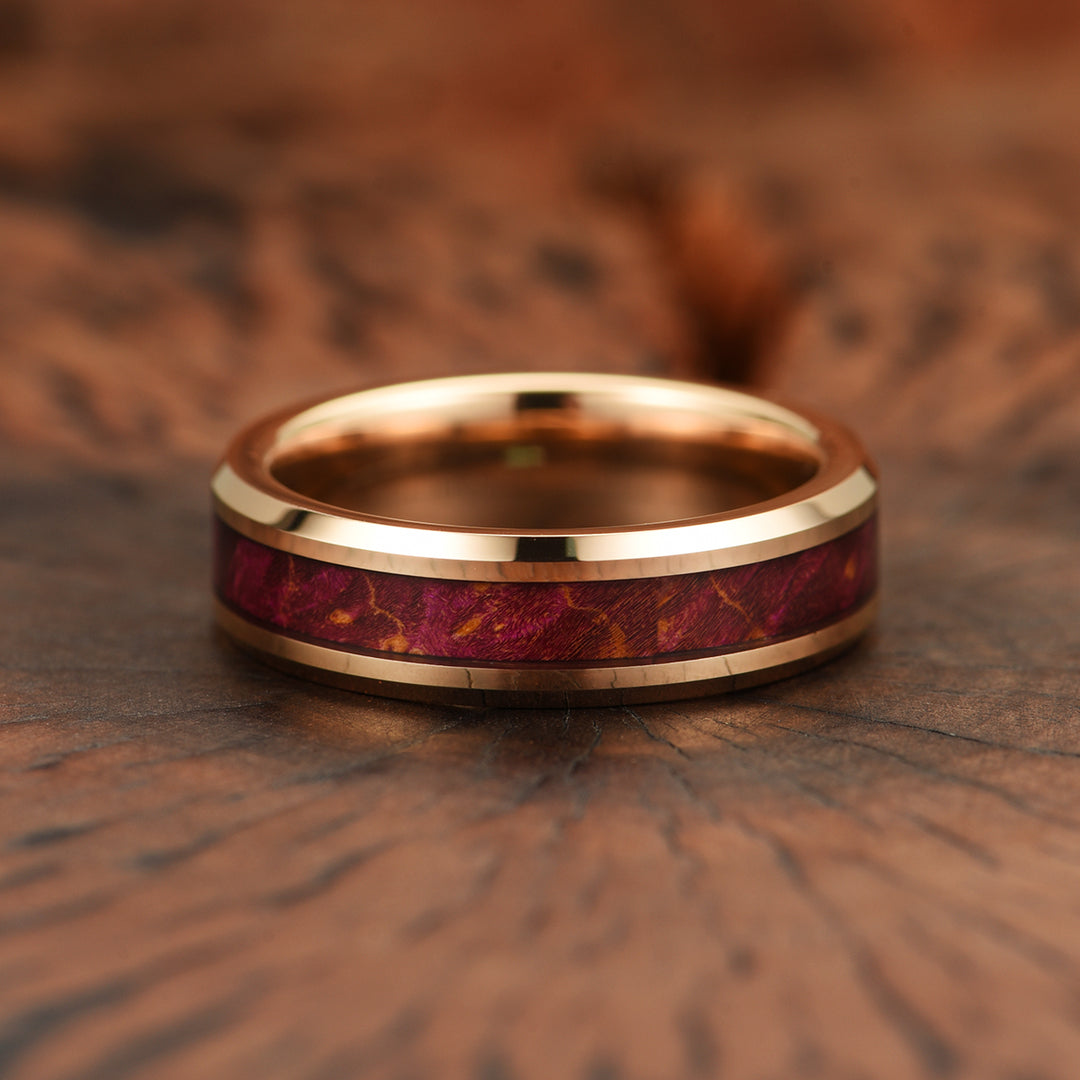 Purple Haze Ring - Rose Tungsten Box Elder Wood Men's Wedding Band 6MM