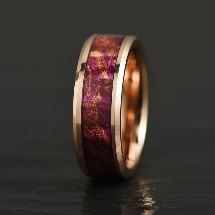 Purple Haze Ring - Rose Tungsten Box Elder Wood Men's Wedding Band 6MM