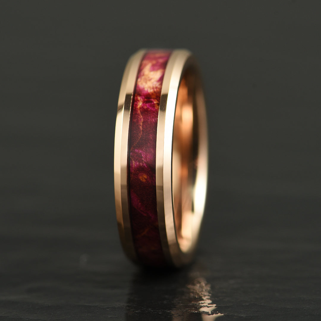 Purple Haze Ring - Rose Tungsten Box Elder Wood Men's Wedding Band 6MM