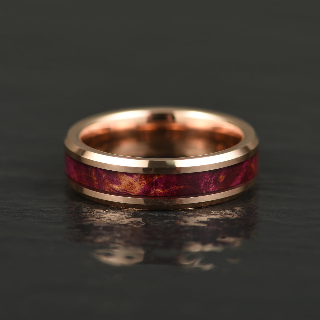 Purple Haze Ring - Rose Tungsten Box Elder Wood Men's Wedding Band 6MM