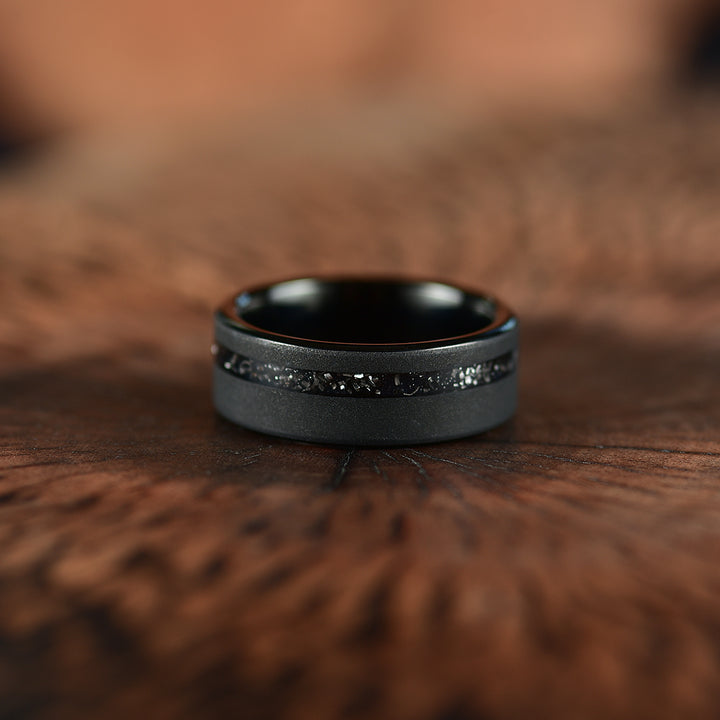 Black Meteorite Band - Muonionalusta Meteorite, Rustic Sandblasted Finish, Tungsten Men's Ring 8MM