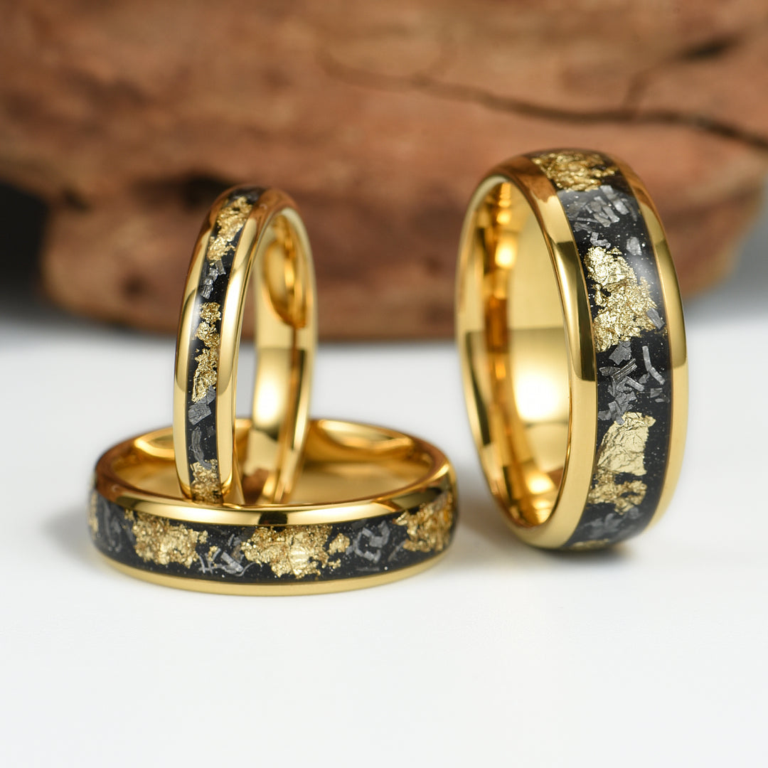 Yellow Tungsten Crushed Meteorite Gold Flake Wedding Band