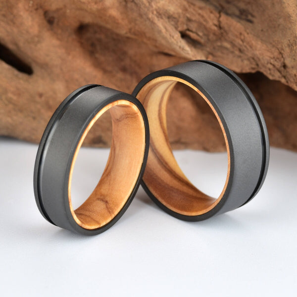 Gun Metal Grey Sand Blasted Titanium Ring Exotic Olive Wood Men's Wedding Band 4MM-8MM - Rings By Pristine 