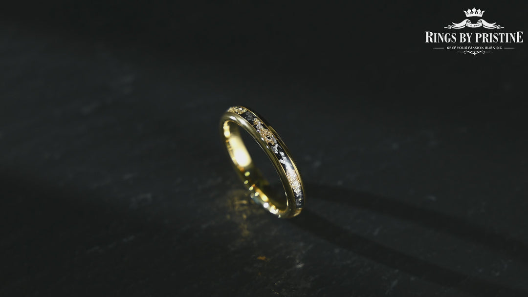 Yellow Tungsten Crushed Meteorite Gold Flake Wedding Band