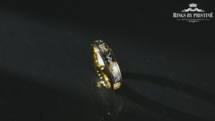 Yellow Tungsten Crushed Meteorite Gold Flake Wedding Band