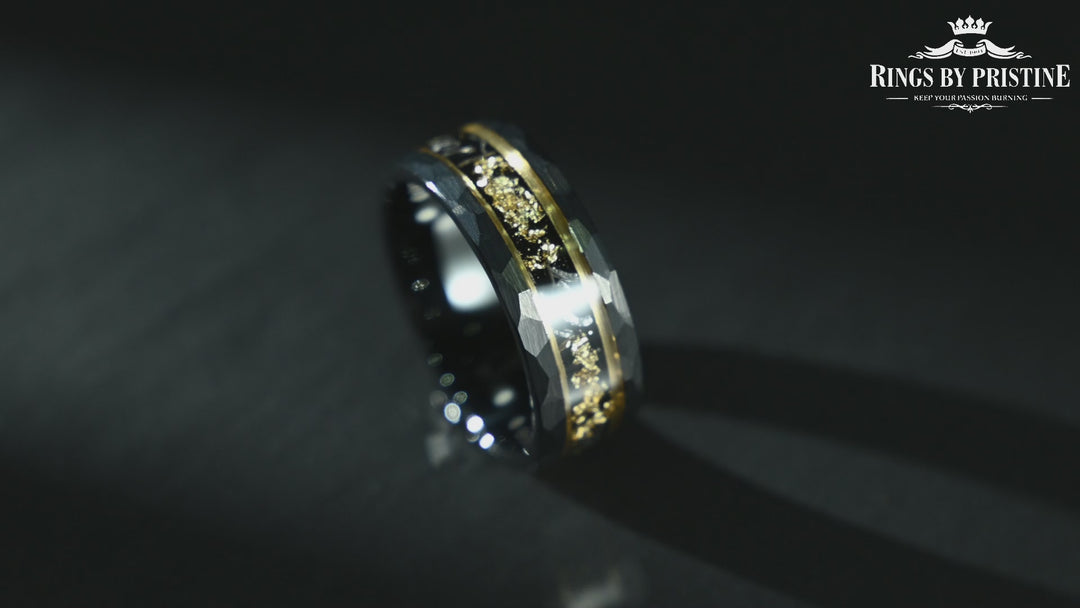 Galactic Gold Ring - Hammered Tungsten Meteorite Gold Leaf 8MM