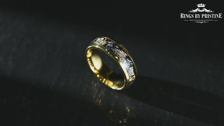 Yellow Tungsten Crushed Meteorite Gold Flake Wedding Band