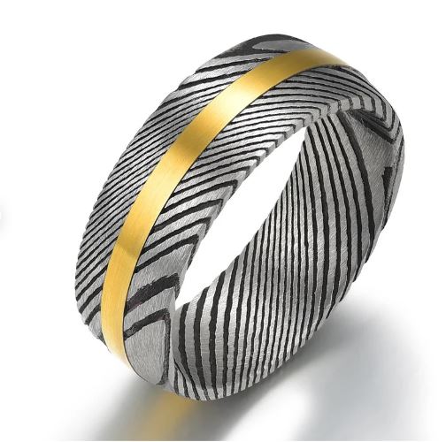 Damascus Steel Yellow Inlay Men's Wedding Band 8MM - Rings By Pristine 