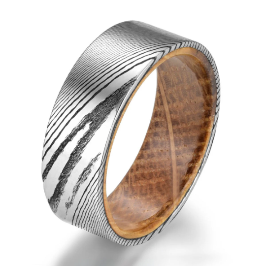 Damascus Whiskey Barrel Men's Wedding Band 8MM - Rings By Pristine 