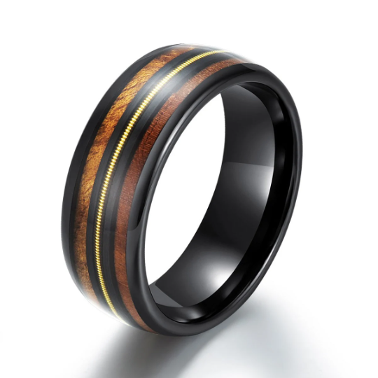 Black Ceramic Koa Wood Guitar String Men's Wedding Band 8MM - Rings By Pristine 