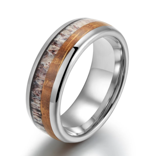 Tungsten Antler Whiskey Barrel Wood Men's Wedding Band 8MM - Rings By Pristine 