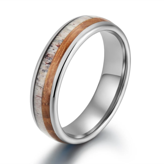 Tungsten Antler Whiskey Barrel Wood Men's Wedding Band 6MM - Rings By Pristine 