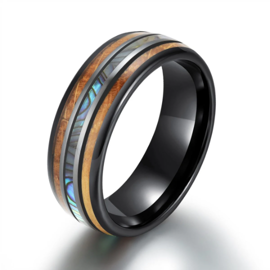 Black Ceramic Abalone Shell Whiskey Barrel Wood Men's Wedding Band 8MM ...