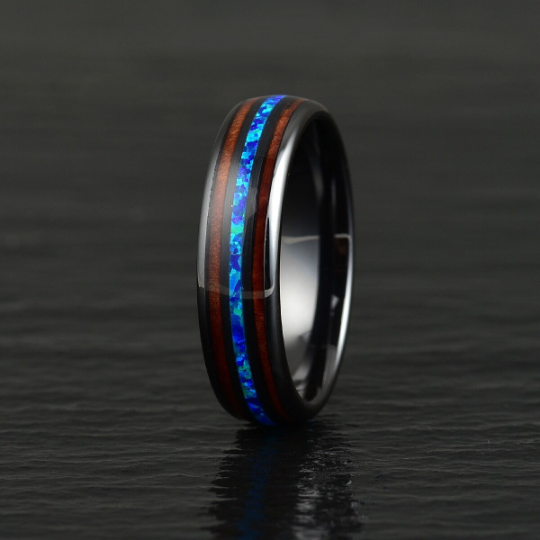 Black Ceramic Koa Wood Blue Opal Women's Wedding Band 4MM - Rings By Pristine 