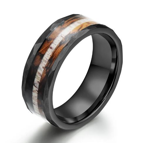 Black Hammered Tungsten Charred Whiskey Barrel Men's Wedding Band - Rings By Pristine 