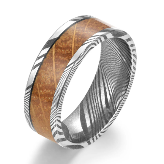 Damascus Whiskey Barrel Wood Men's Wedding Band 8MM - Rings By Pristine 