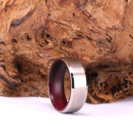 Purple Heart Wood Titanium Wedding Band 8MM - Rings By Pristine 