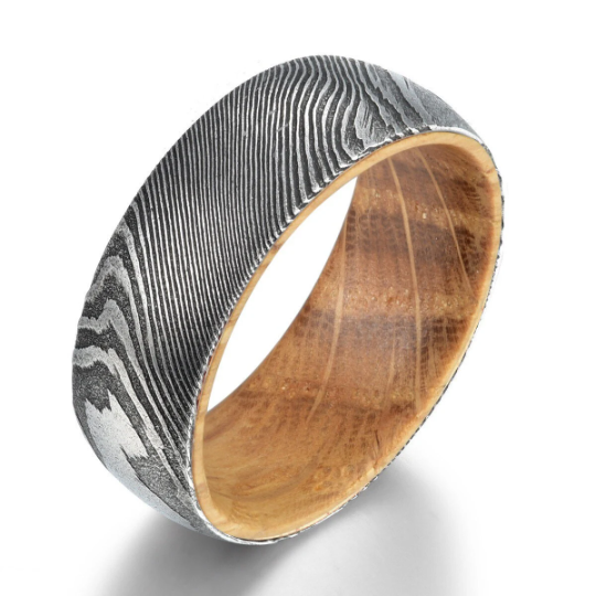 Damascus Bourbon Whiskey Barrel Men's Wedding Band 8MM - Rings By Pristine 