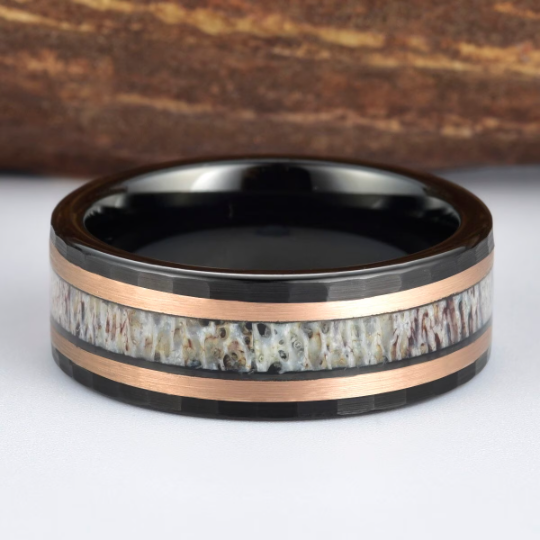 Tungsten Antler Rose Inlay Men's Wedding Band 8MM - Rings By Pristine 