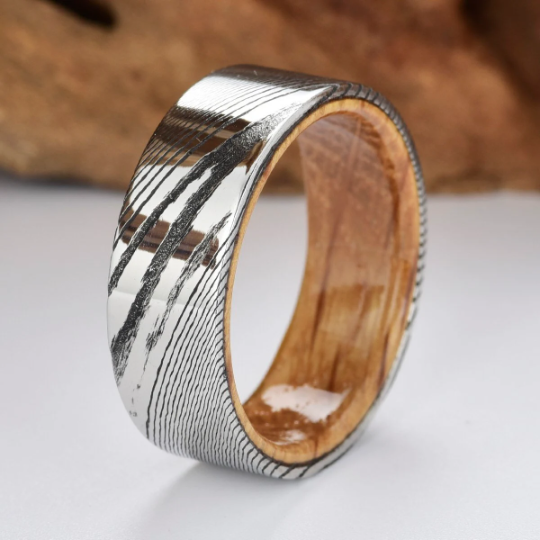 Damascus Whiskey Barrel Men's Wedding Band 8MM - Rings By Pristine 