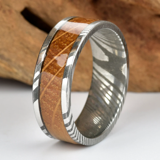 Damascus Whiskey Barrel Wood Men's Wedding Band 8MM - Rings By Pristine 