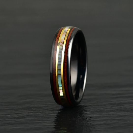 Tungsten Abalone Shell Koa Wood Women's Wedding Band 6MM - Rings By Pristine 