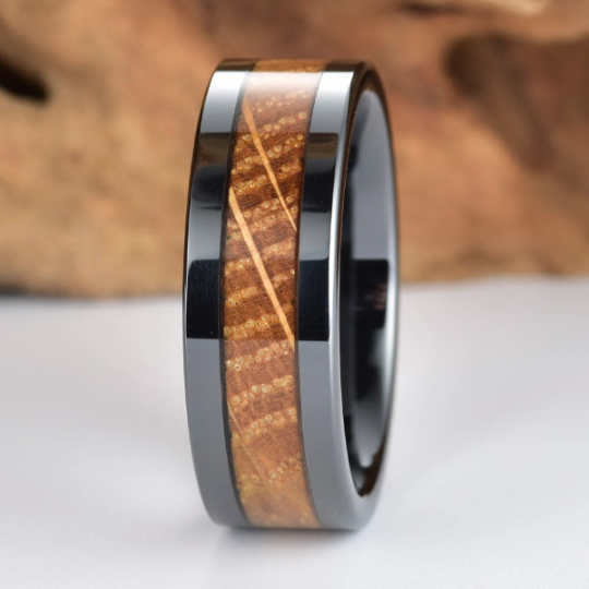 Tungsten Whiskey Barrel Wood Men's Wedding Band 8MM - Rings By Pristine 