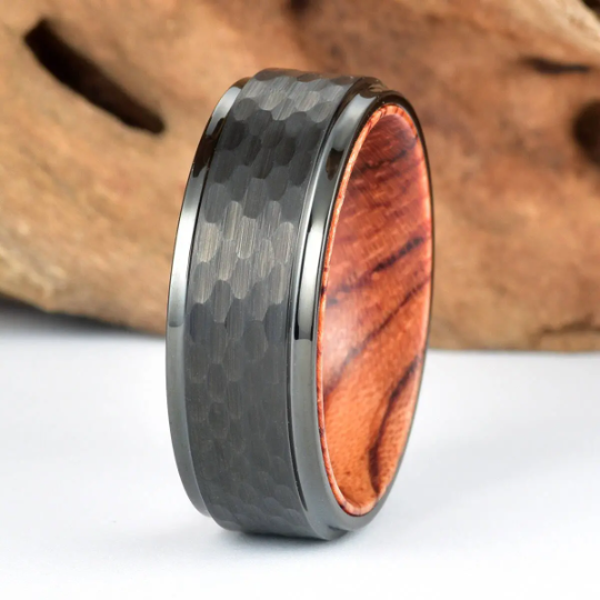 Rose Wood Hammered Black Tungsten Men's Wedding Band 8MM - Rings By Pristine 