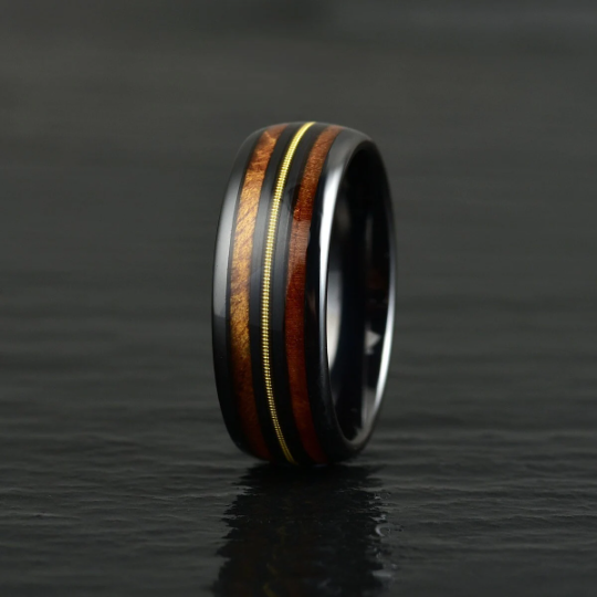 Black Ceramic Koa Wood Guitar String Men's Wedding Band 8MM - Rings By Pristine 