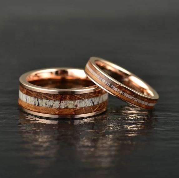 Antler Whiskey Barrel Rose Tungsten Men's Wedding Ring - Rings By Pristine 