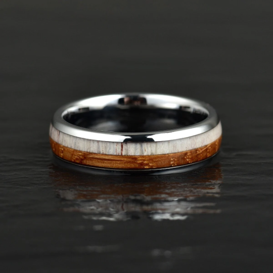 Tungsten Antler Whiskey Barrel Wood Men's Wedding Band 6MM - Rings By Pristine 