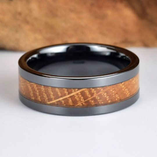 Tungsten Whiskey Barrel Wood Men's Wedding Band 8MM - Rings By Pristine 