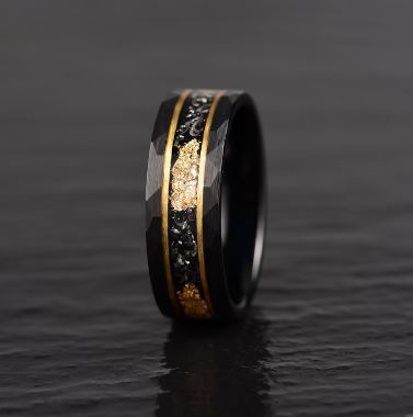 Gold Foil Tungsten and Meteorite Men's Wedding Band 8MM - Rings By Pristine 