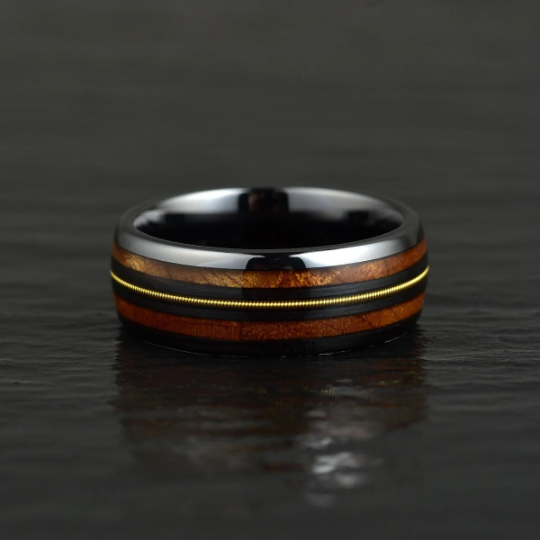 Black Ceramic Koa Wood Guitar String Men's Wedding Band 8MM - Rings By Pristine 