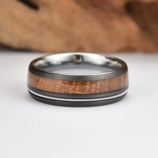 Tungsten Bourbon Whiskey Barrel Wood Men's Wedding Band 8MM - Rings By Pristine 