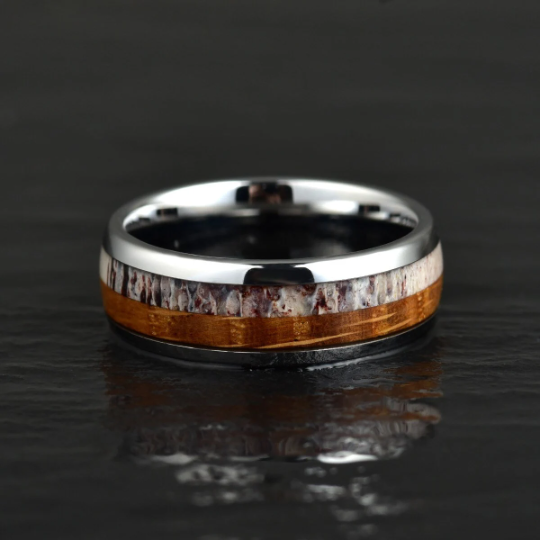 Tungsten Antler Whiskey Barrel Wood Men's Wedding Band 8MM - Rings By Pristine 