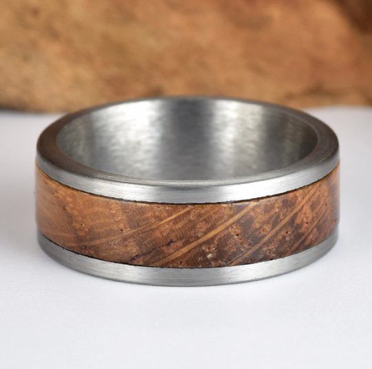 Tungsten Whiskey Barrel Wood Antique Finish Men's Wedding Band 8MM - Rings By Pristine 