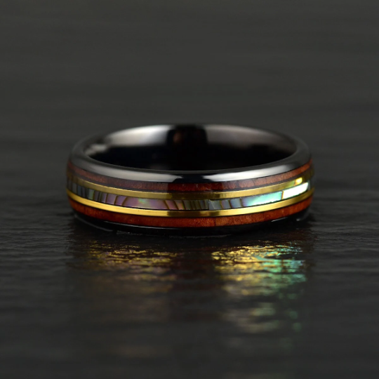 Tungsten Abalone Shell Koa Wood Women's Wedding Band 6MM - Rings By Pristine 