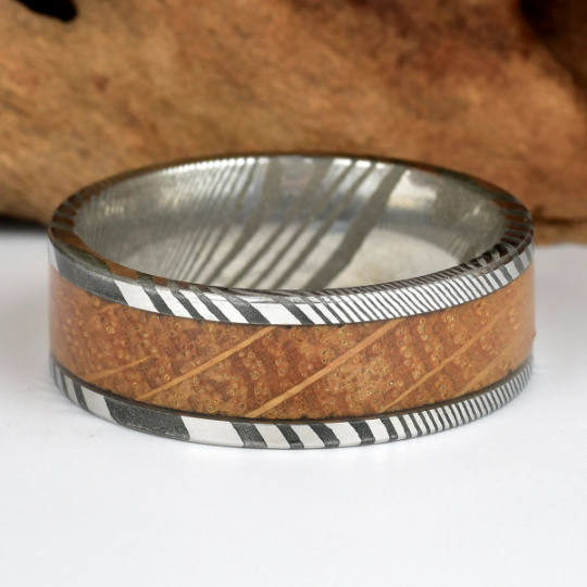 Damascus Whiskey Barrel Wood Men's Wedding Band 8MM - Rings By Pristine 