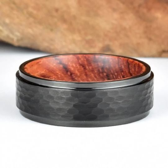 Rose Wood Hammered Black Tungsten Men's Wedding Band 8MM - Rings By Pristine 