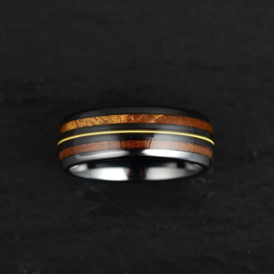 Black Ceramic Koa Wood Guitar String Men's Wedding Band 8MM - Rings By Pristine 