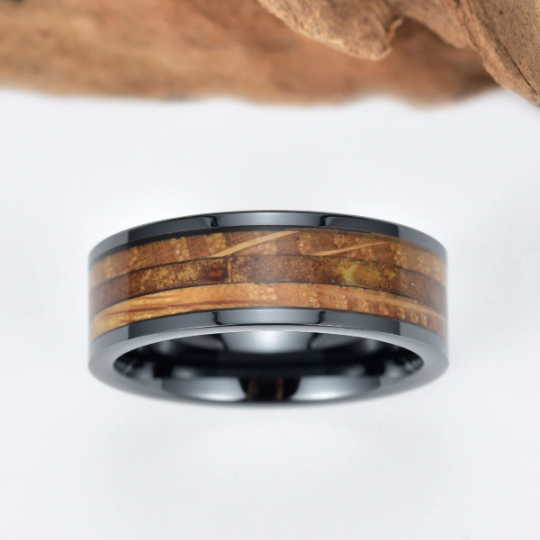 Black Ceramic Tobbaco Leaf Whiskey Barrel Wood Men's Wedding Band 8MM - Rings By Pristine 