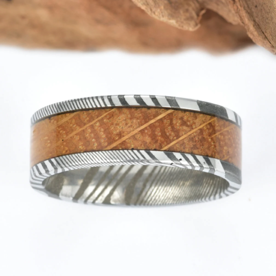 Damascus Whiskey Barrel Wood Men's Wedding Band 8MM - Rings By Pristine 