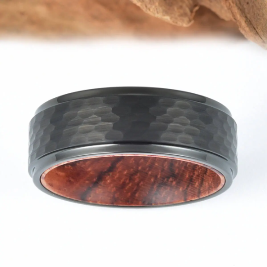 Rose Wood Hammered Black Tungsten Men's Wedding Band 8MM - Rings By Pristine 