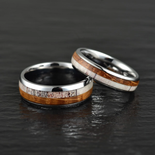 Tungsten Antler Whiskey Barrel Wood Men's Wedding Band 6MM - Rings By Pristine 