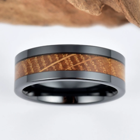 Tungsten Whiskey Barrel Wood Men's Wedding Band 8MM - Rings By Pristine 