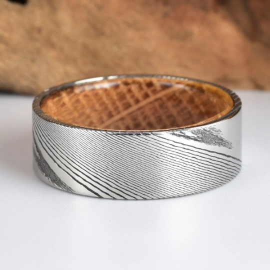 Damascus Whiskey Barrel Men's Wedding Band 8MM - Rings By Pristine 