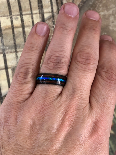 Black Ceramic Koa Wood Blue Opal Women's Wedding Band 4MM - Rings By Pristine 